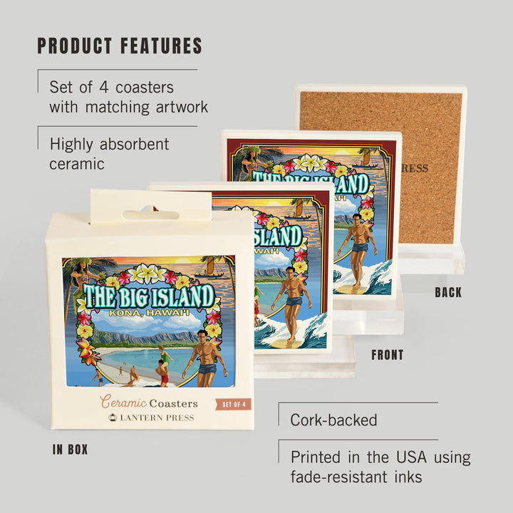 Kona, Hawaii, Montage Scene, Coasters Coasters Lantern Press 