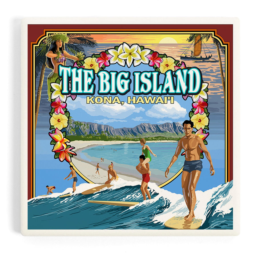 Kona, Hawaii, Montage Scene, Coasters Coasters Lantern Press 