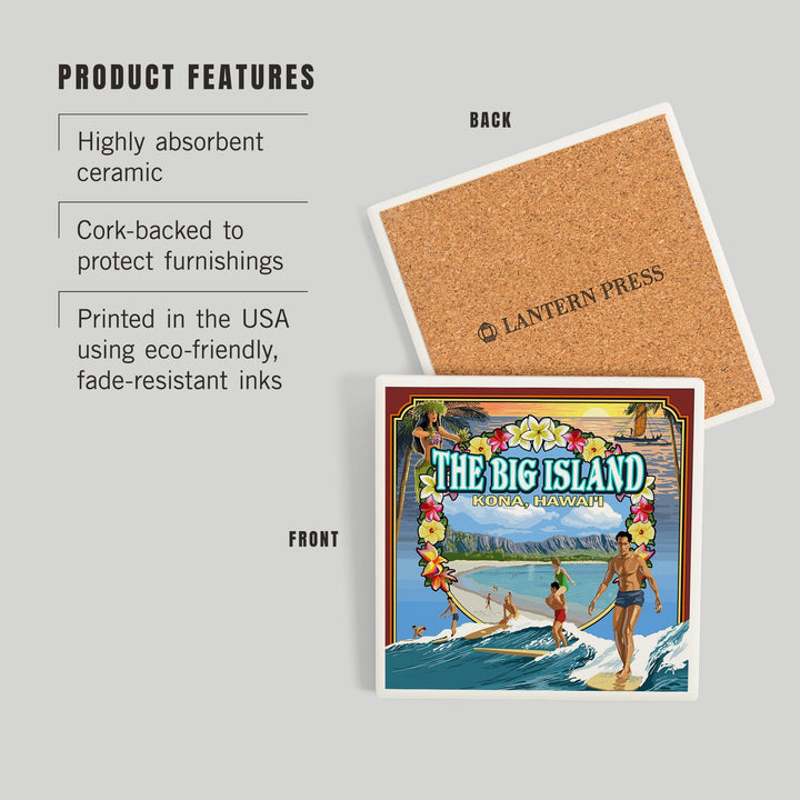 Kona, Hawaii, Montage Scene, Coasters Coasters Lantern Press 