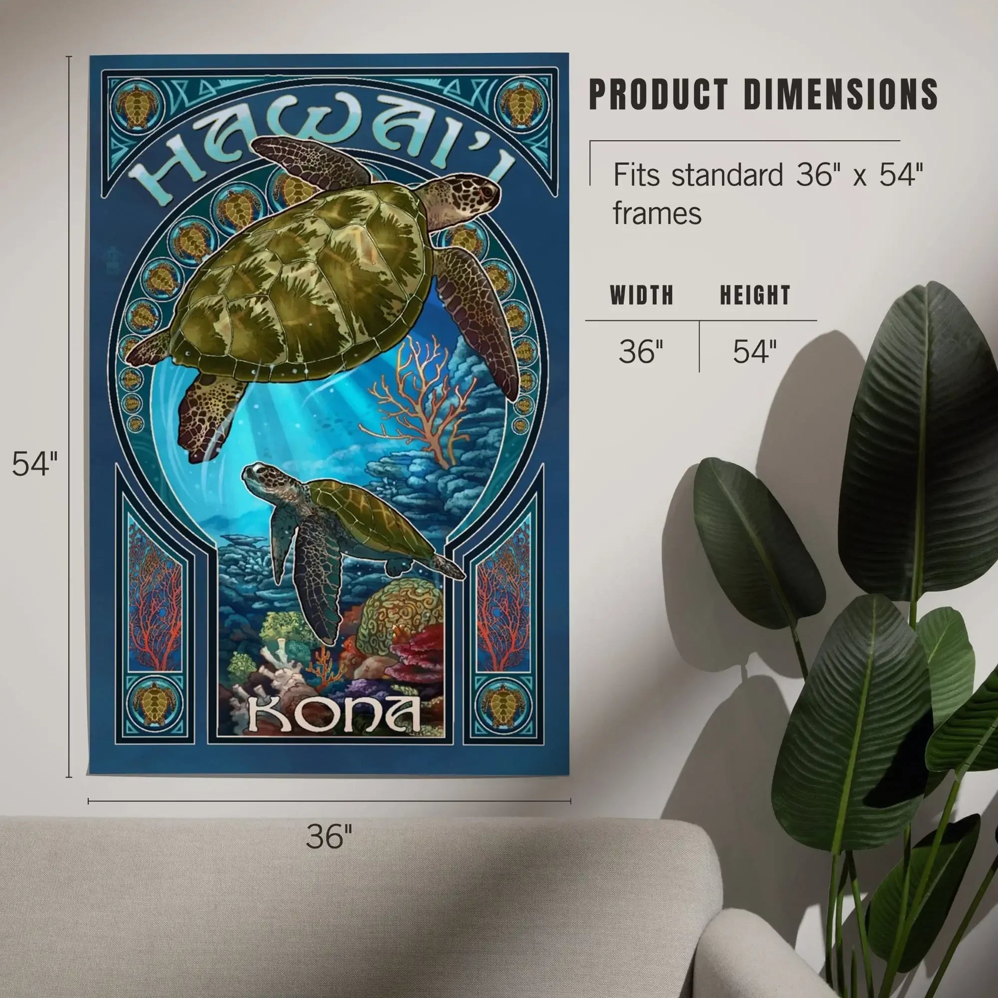 Kona, Hawaii, Sea Turtle Art Nouveau art prints, metal signs