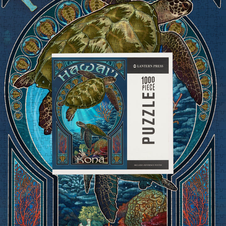 Kona, Hawaii, Sea Turtle Art Nouveau, Jigsaw Puzzle Puzzle Lantern Press 