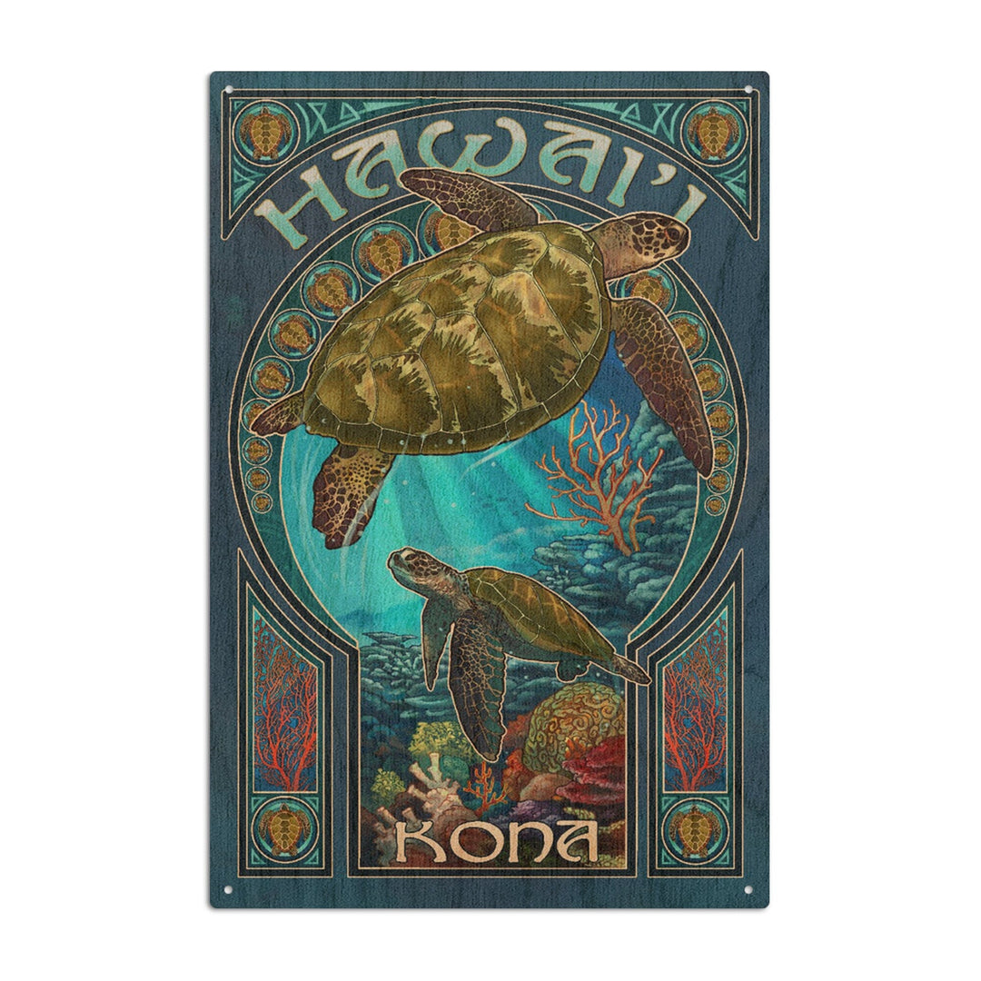 Kona, Hawaii, Sea Turtle Art Nouveau, Lantern Press Artwork, Wood Signs and Postcards Wood Lantern Press 10 x 15 Wood Sign 