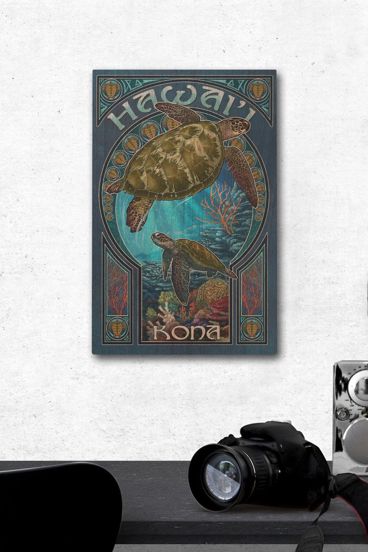 Kona, Hawaii, Sea Turtle Art Nouveau, Lantern Press Artwork, Wood Signs and Postcards Wood Lantern Press 12 x 18 Wood Gallery Print 