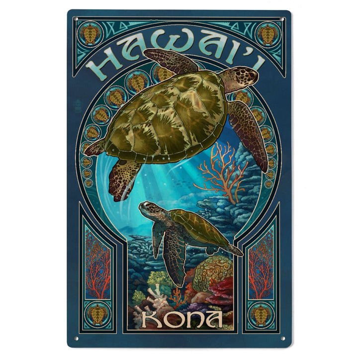 Kona, Hawaii, Sea Turtle Art Nouveau, Lantern Press Artwork, Wood Signs and Postcards Wood Lantern Press 