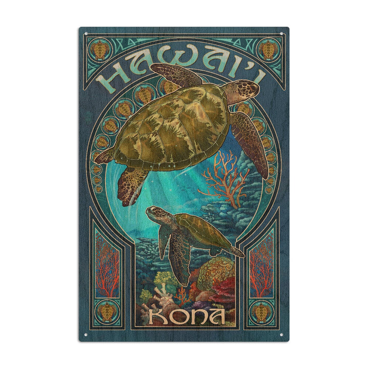 Kona, Hawaii, Sea Turtle Art Nouveau, Lantern Press Artwork, Wood Signs and Postcards Wood Lantern Press 6x9 Wood Sign 