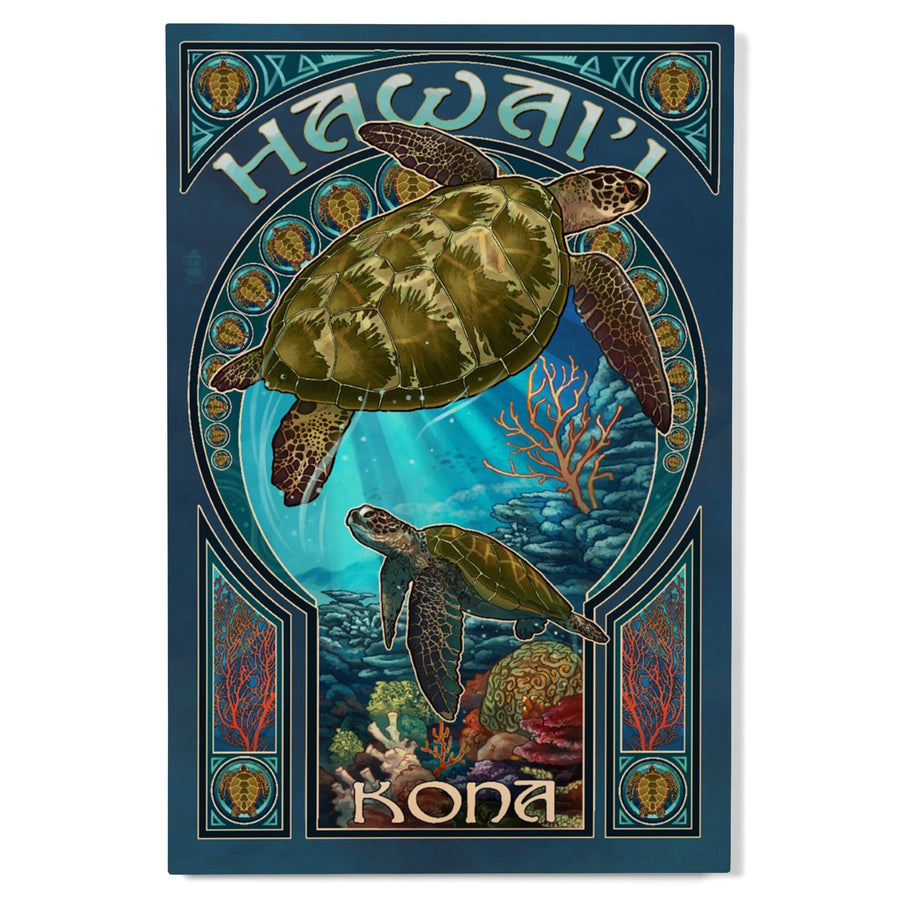 Kona, Hawaii, Sea Turtle Art Nouveau, Lantern Press Artwork, Wood Signs and Postcards Wood Lantern Press 