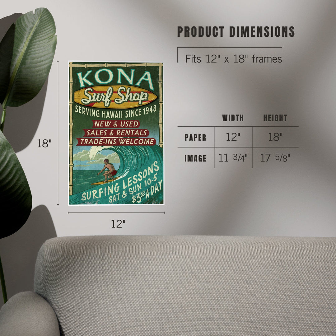 Kona, Hawaii, Surf Shop Vintage Sign, Art & Giclee Prints Art Lantern Press 
