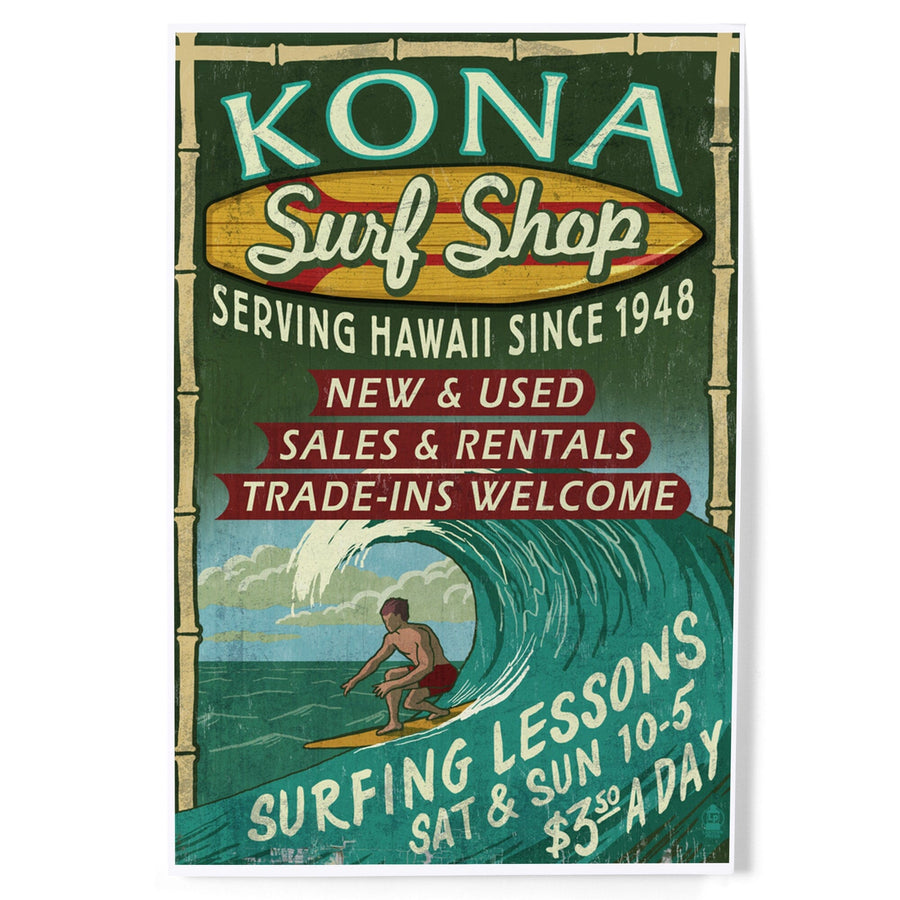 Kona, Hawaii, Surf Shop Vintage Sign, Art & Giclee Prints Art Lantern Press 