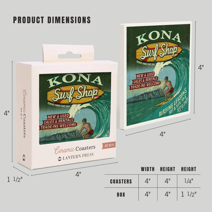 Kona, Hawai‘i, Surf Shop Vintage Sign, Coasters Coasters Lantern Press 