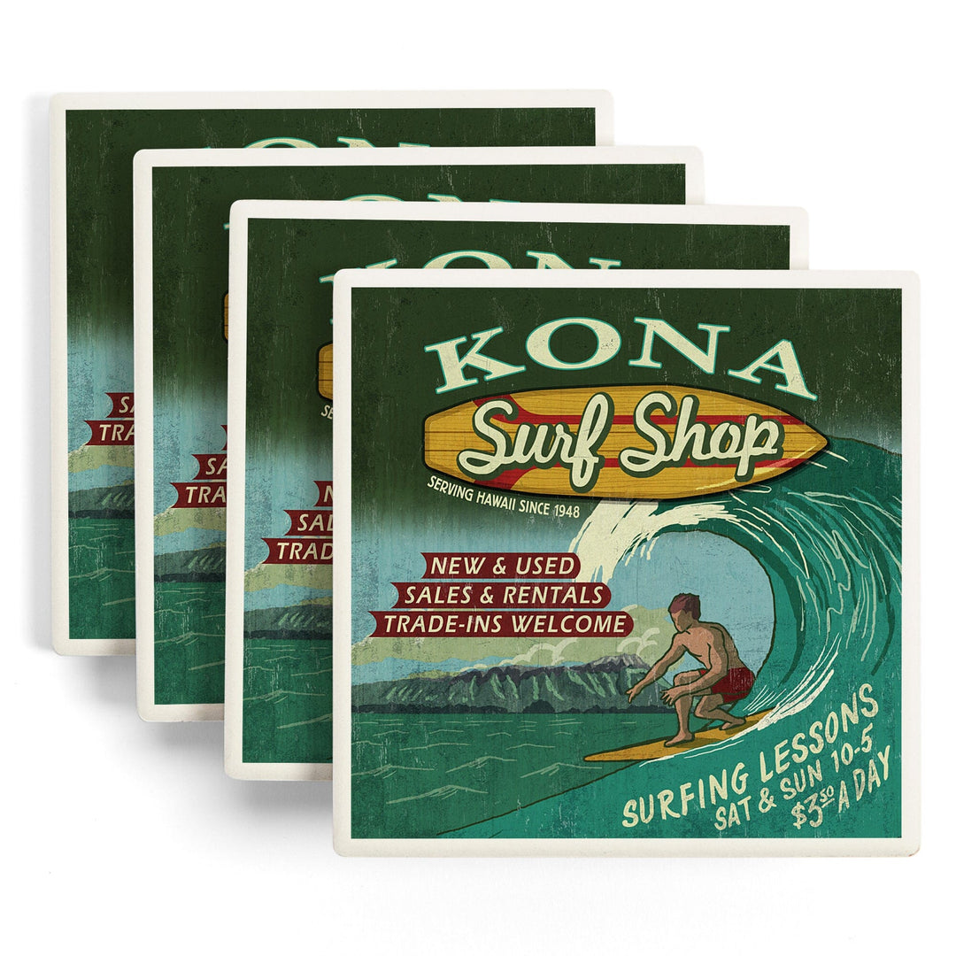 Kona, Hawai‘i, Surf Shop Vintage Sign, Coasters Coasters Lantern Press 