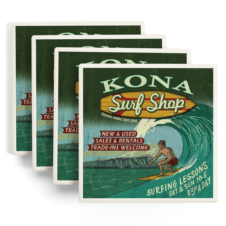 Kona, Hawai‘i, Surf Shop Vintage Sign, Coasters Coasters Lantern Press 