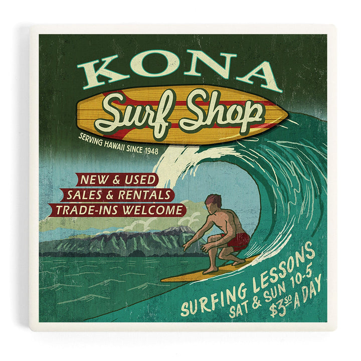Kona, Hawai‘i, Surf Shop Vintage Sign, Coasters Coasters Lantern Press 