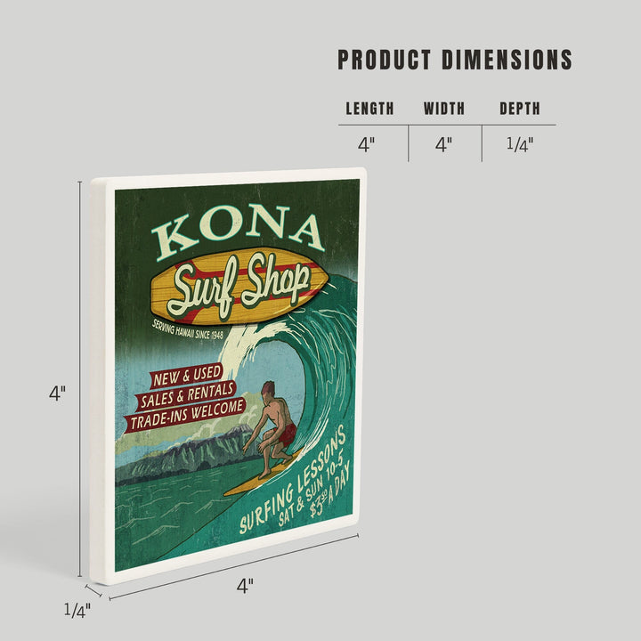 Kona, Hawai‘i, Surf Shop Vintage Sign, Coasters Coasters Lantern Press 
