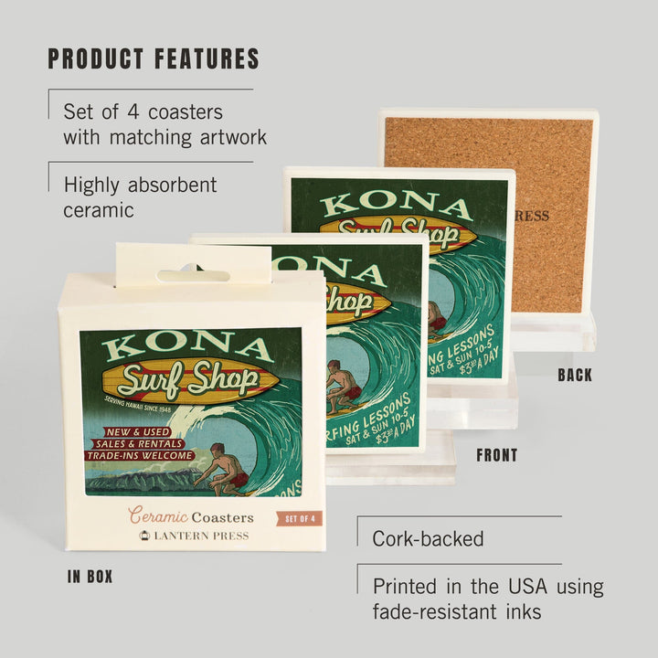 Kona, Hawai‘i, Surf Shop Vintage Sign, Coasters Coasters Lantern Press 