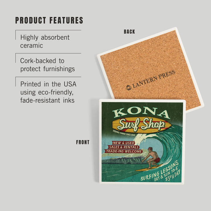 Kona, Hawai‘i, Surf Shop Vintage Sign, Coasters Coasters Lantern Press 