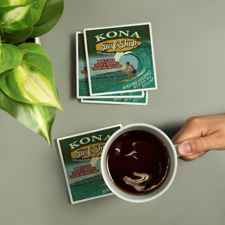 Kona, Hawai‘i, Surf Shop Vintage Sign, Coasters Coasters Lantern Press 