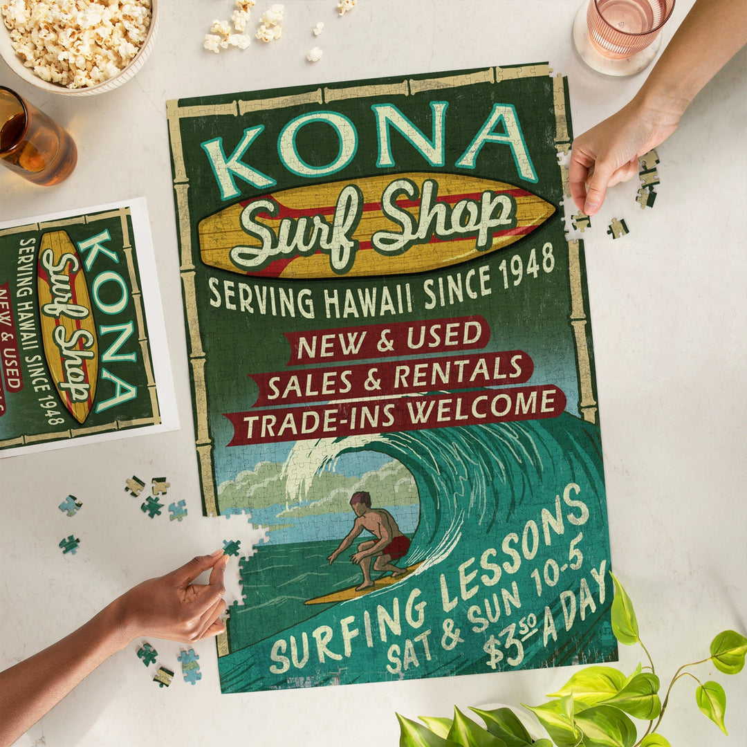 Kona, Hawaii, Surf Shop Vintage Sign, Jigsaw Puzzle Puzzle Lantern Press 