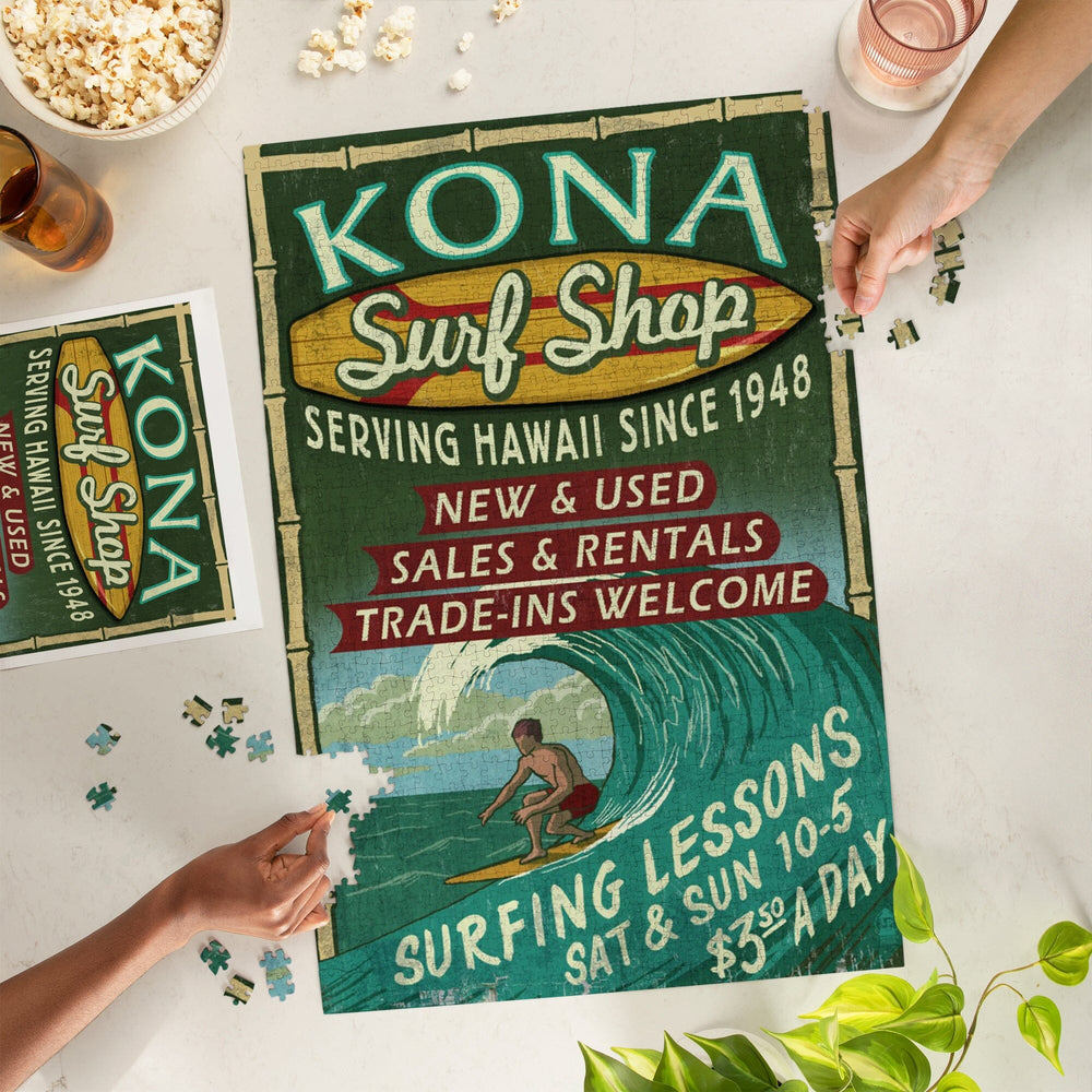 Kona, Hawai‘i, Surf Shop Vintage Sign, Jigsaw Puzzle Puzzle Lantern Press 