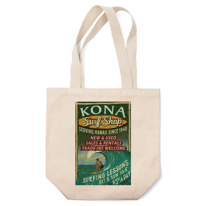 Kona, Hawaii, Surf Shop Vintage Sign, Lantern Press Artwork, Tote Bag Totes Lantern Press 