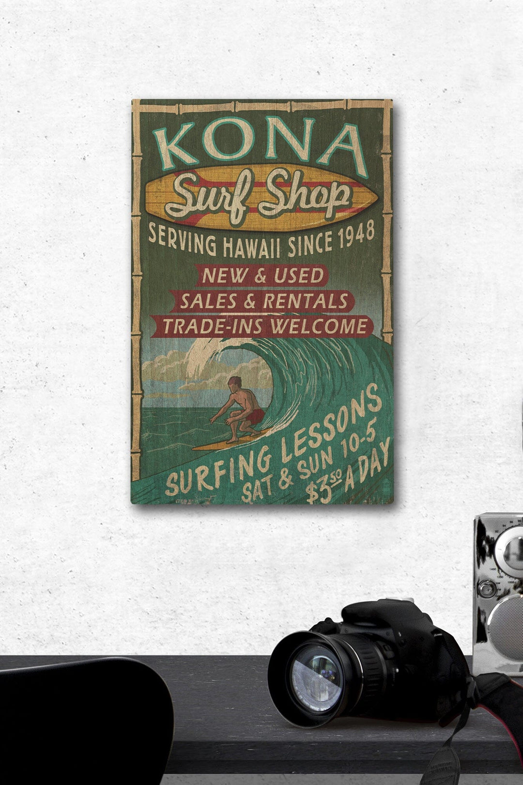 Kona, Hawaii, Surf Shop Vintage Sign, Lantern Press Artwork, Wood Signs and Postcards Wood Lantern Press 12 x 18 Wood Gallery Print 