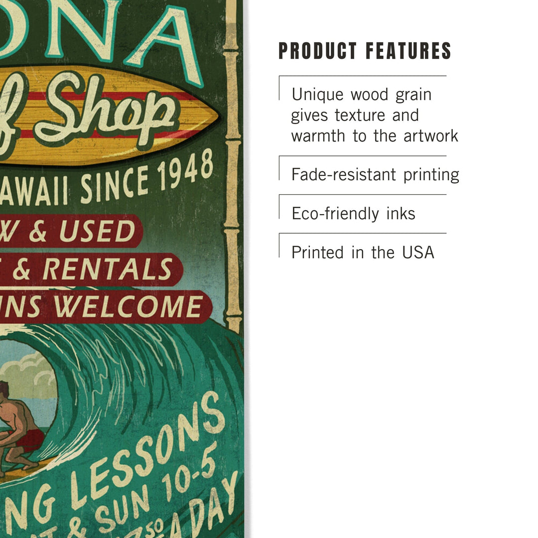 Kona, Hawaii, Surf Shop Vintage Sign, Lantern Press Artwork, Wood Signs and Postcards Wood Lantern Press 