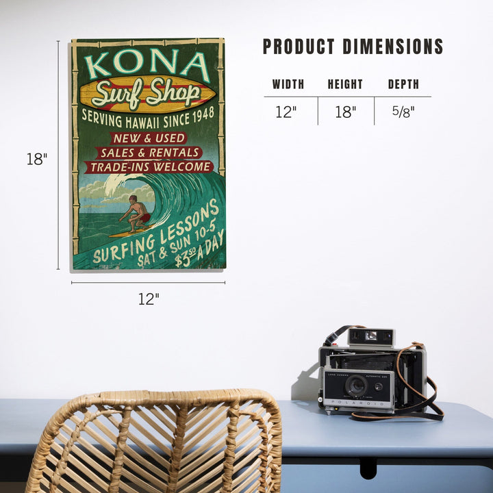 Kona, Hawaii, Surf Shop Vintage Sign, Lantern Press Artwork, Wood Signs and Postcards Wood Lantern Press 