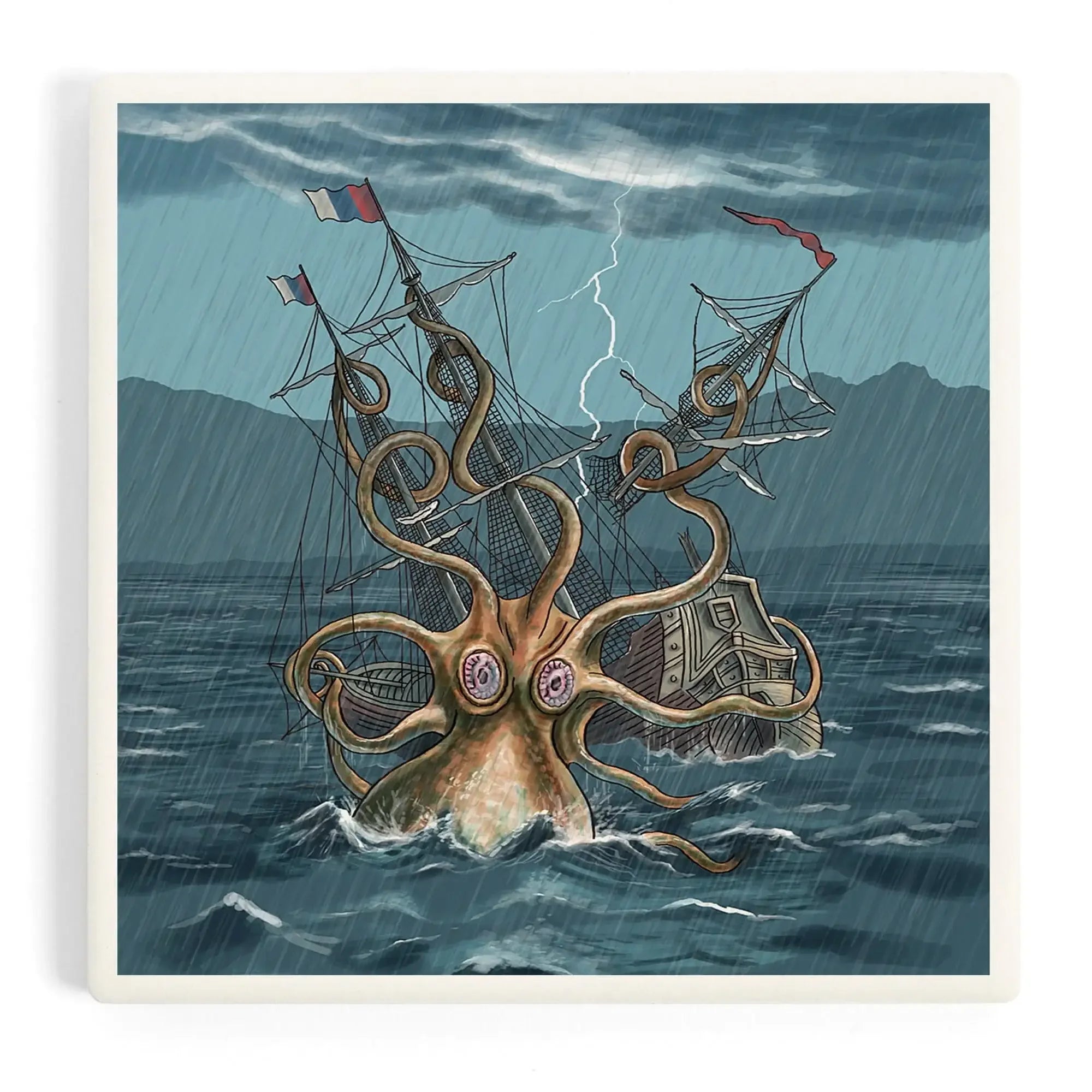 Kraken Attacking Ship ceramic coaster set – Lantern Press