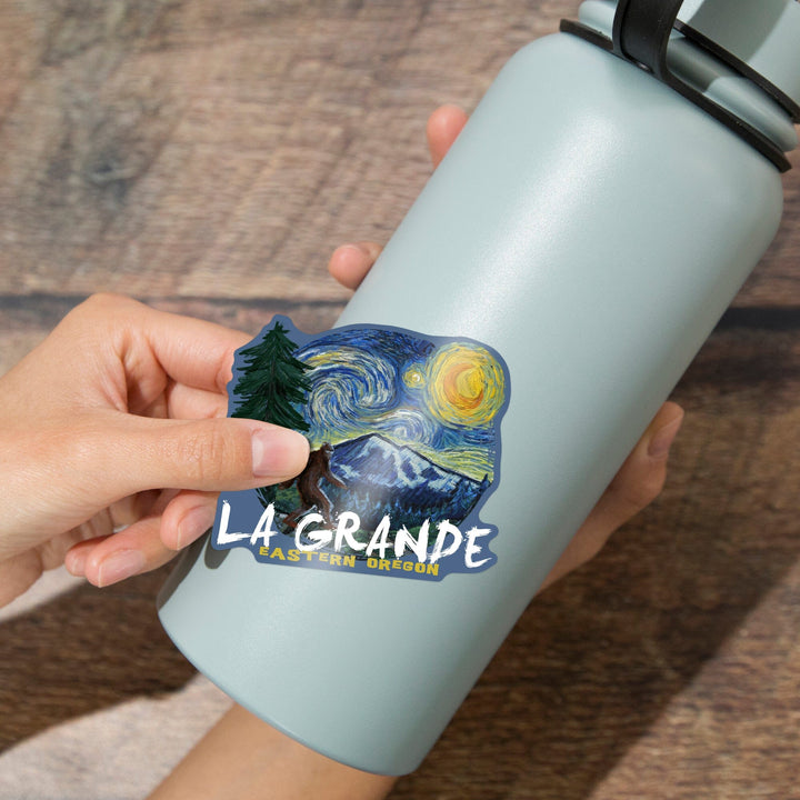 La Grande, Oregon, Bigfoot, Van Gogh Starry Night, Contour, Vinyl Sticker Sticker Lantern Press 