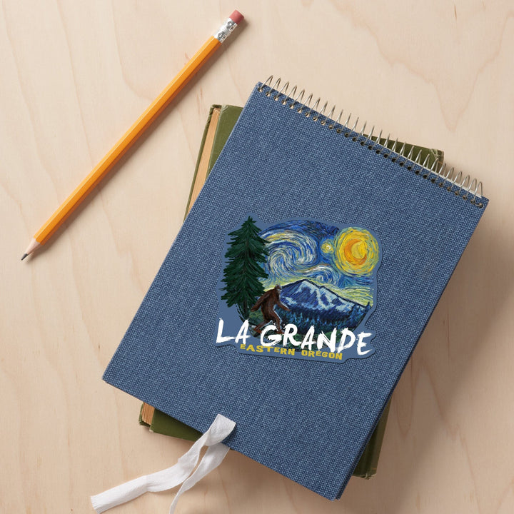 La Grande, Oregon, Bigfoot, Van Gogh Starry Night, Contour, Vinyl Sticker Sticker Lantern Press 