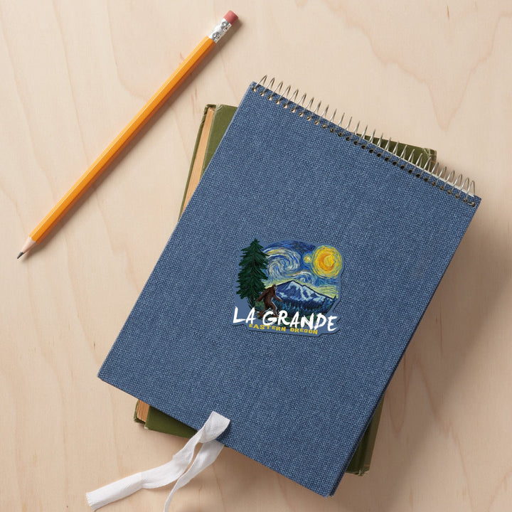 La Grande, Oregon, Bigfoot, Van Gogh Starry Night, Contour, Vinyl Sticker Sticker Lantern Press 