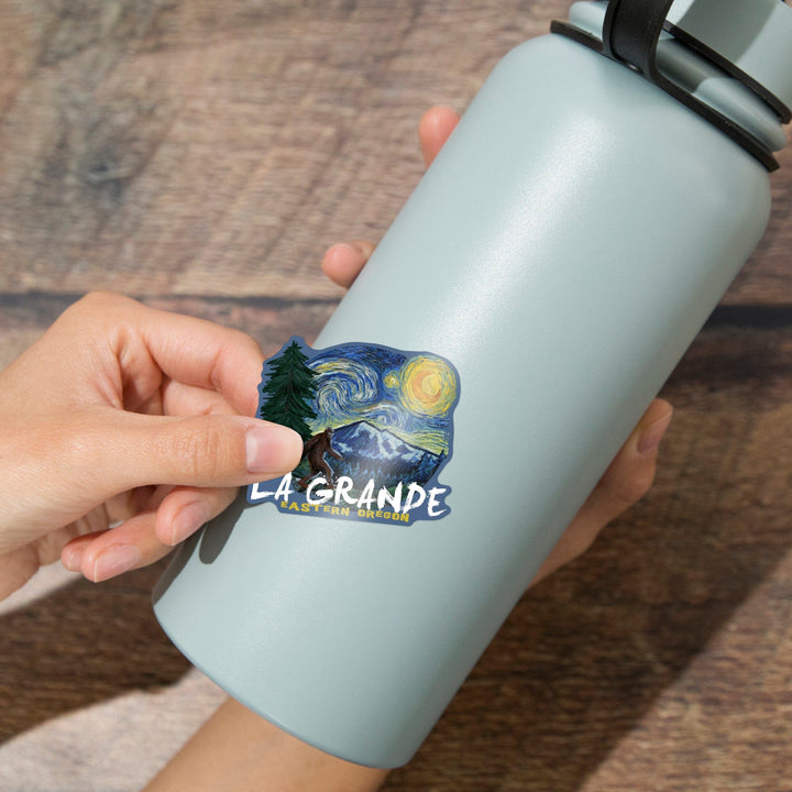 La Grande, Oregon, Bigfoot, Van Gogh Starry Night, Contour, Vinyl Sticker Sticker Lantern Press 