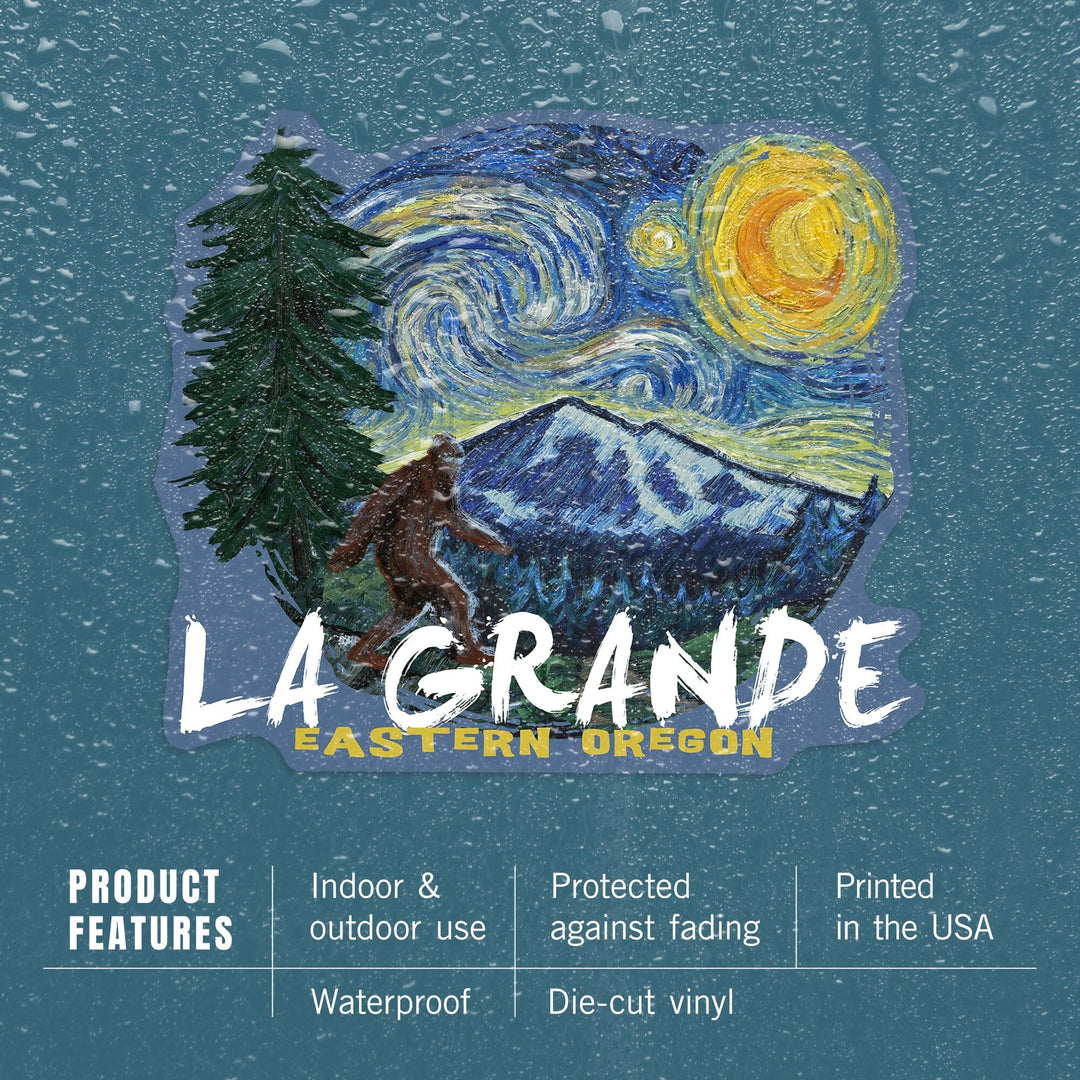 La Grande, Oregon, Bigfoot, Van Gogh Starry Night, Contour, Vinyl Sticker Sticker Lantern Press 