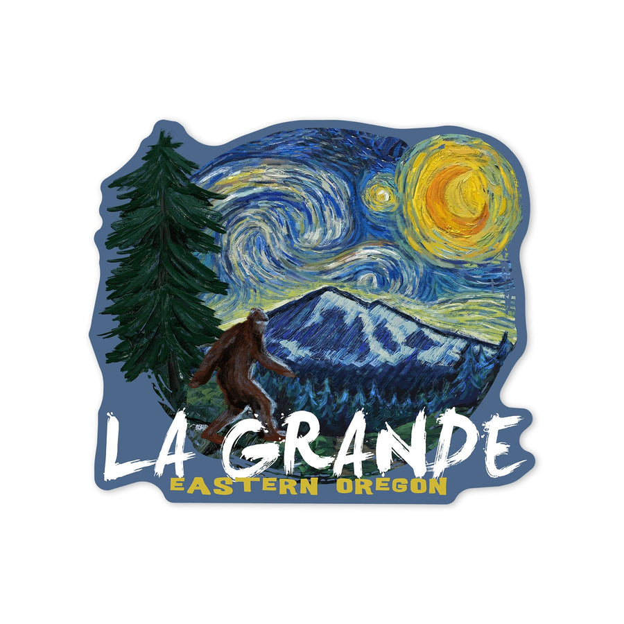 La Grande, Oregon, Bigfoot, Van Gogh Starry Night, Contour, Vinyl Sticker Sticker Lantern Press 