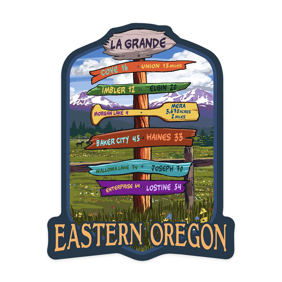 La Grande, Oregon, Red Cross, Destination Signpost, Contour, Lantern Press Artwork, Vinyl Sticker - Lantern Press