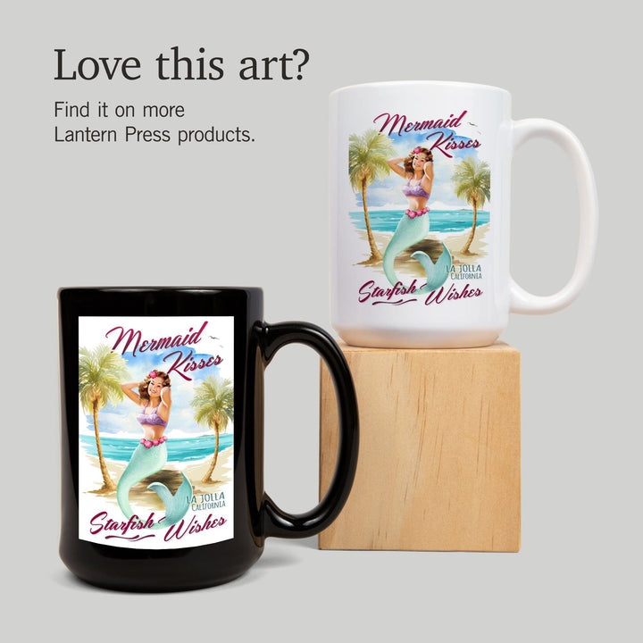 La Jolla, CA, Mermaid Kisses & Starfish Wishes, Watercolor, Lantern Press Artwork, Ceramic Mug Mugs Lantern Press 