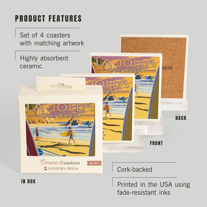 La Jolla, California, Beach & Surfers, Lantern Press Artwork, Coaster Set - Lantern Press