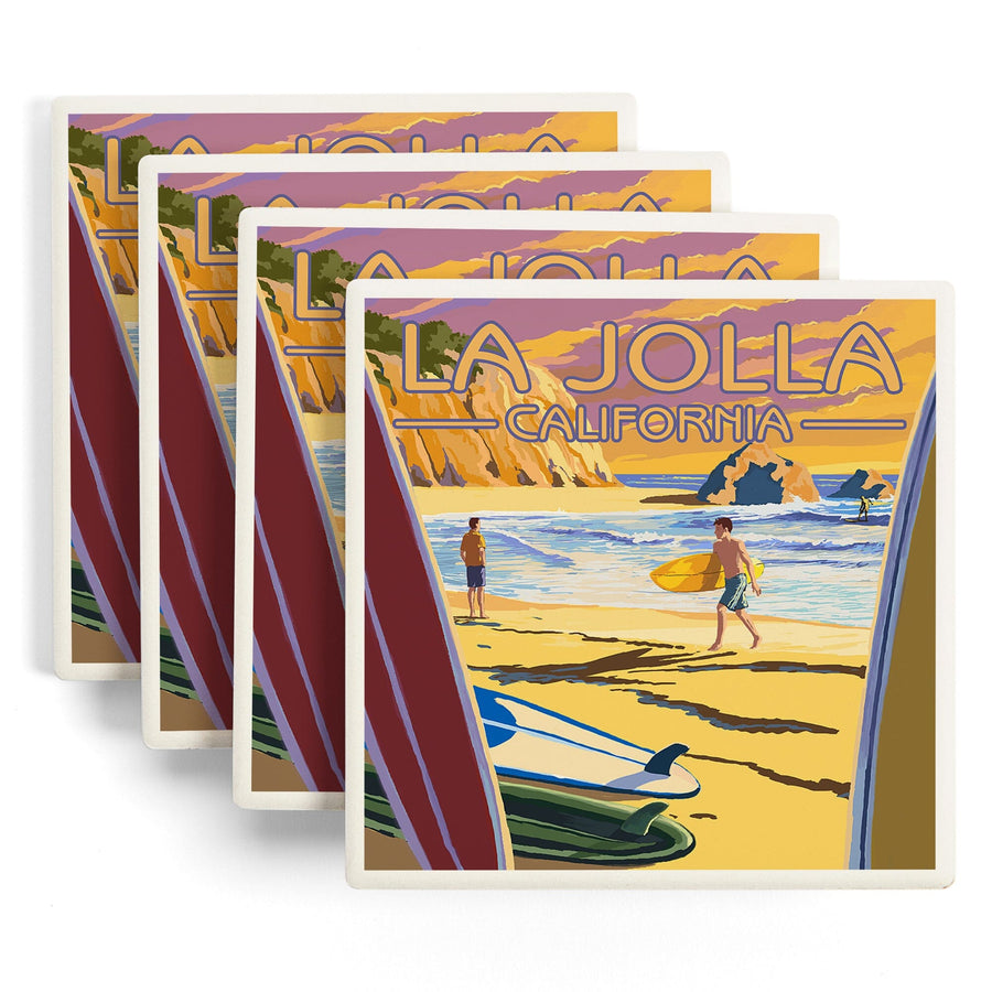 La Jolla, California, Beach & Surfers, Lantern Press Artwork, Coaster Set - Lantern Press