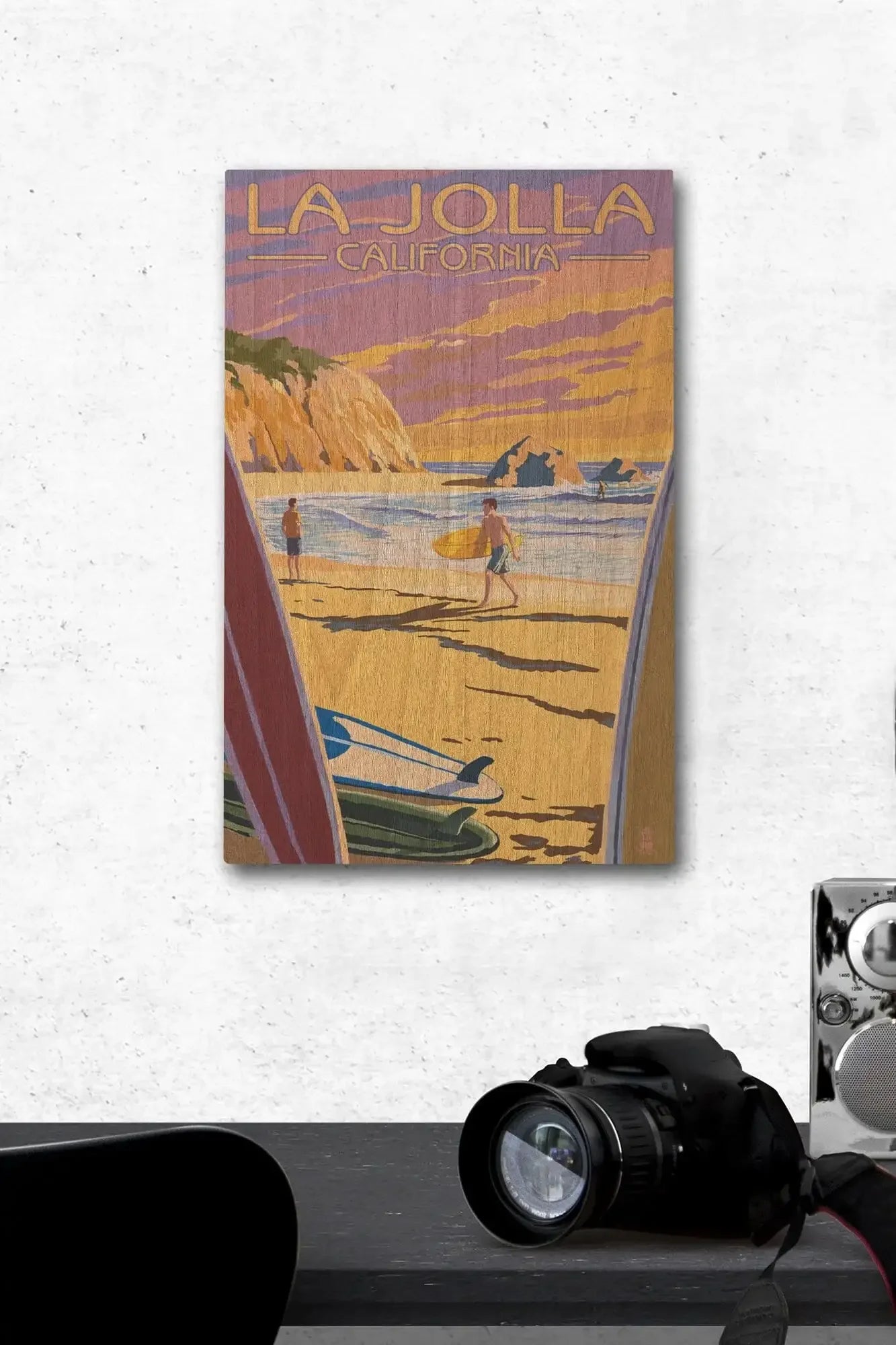 La Jolla, California, Beach & Surfers, Lantern Press Artwork, Wood Sig