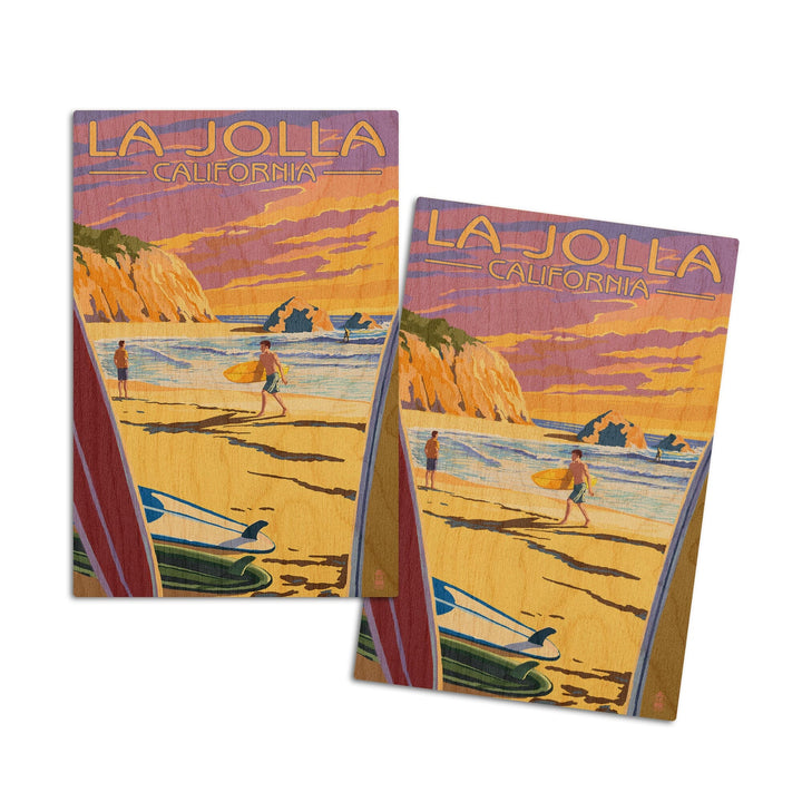 La Jolla, California, Beach & Surfers, Lantern Press Artwork, Wood Signs and Postcards Wood Lantern Press 4x6 Wood Postcard Set 
