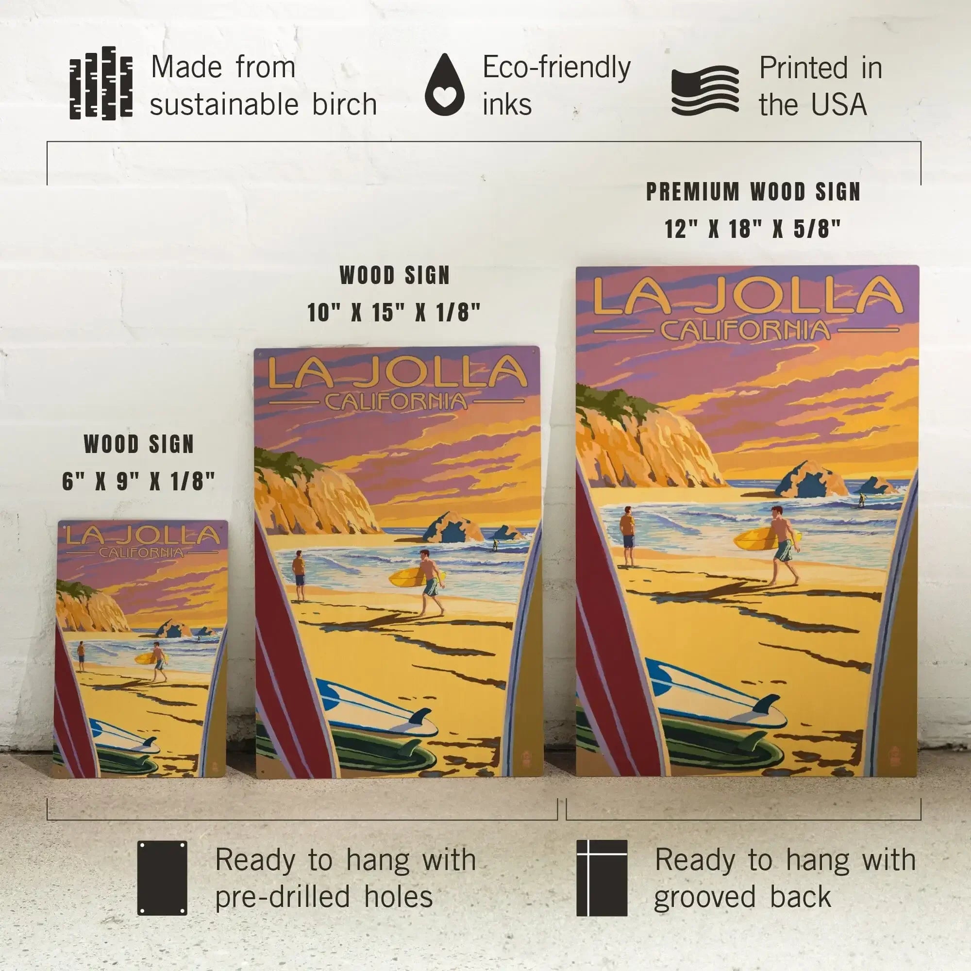 La Jolla, California, Beach & Surfers, Lantern Press Artwork, Wood Sig