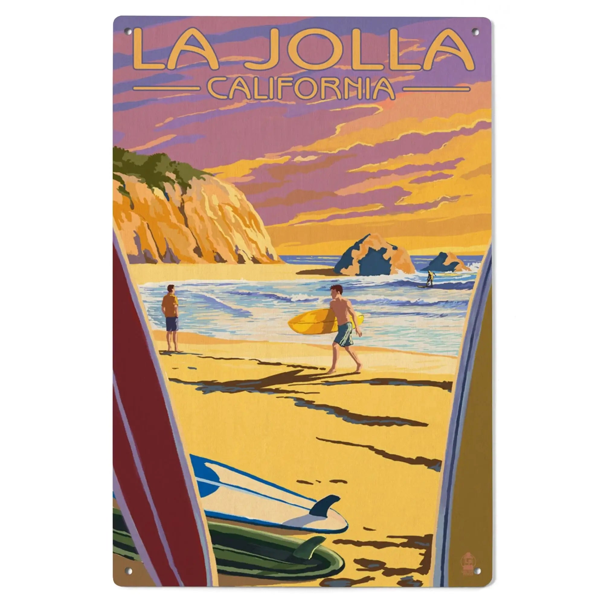 La Jolla, California, Beach & Surfers, Lantern Press Artwork, Wood Sig