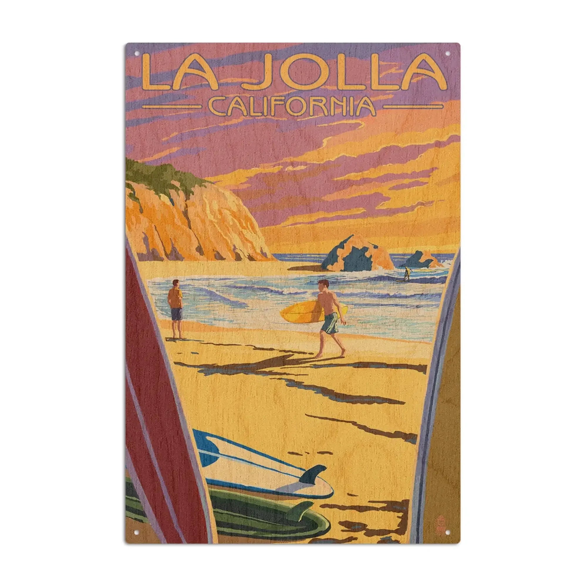 La Jolla, California, Beach & Surfers, Lantern Press Artwork, Wood Sig