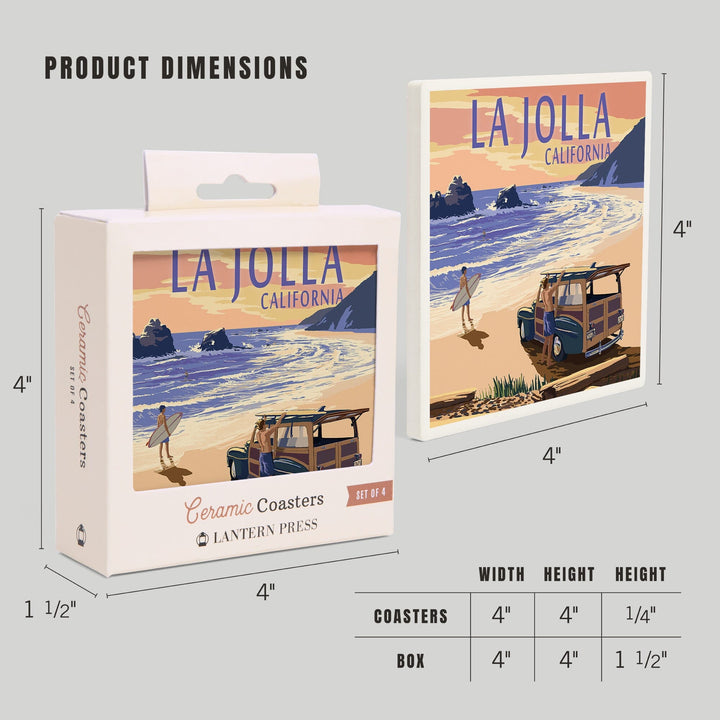 La Jolla, California, Woody on Beach, Lantern Press Artwork, Coaster Set - Lantern Press