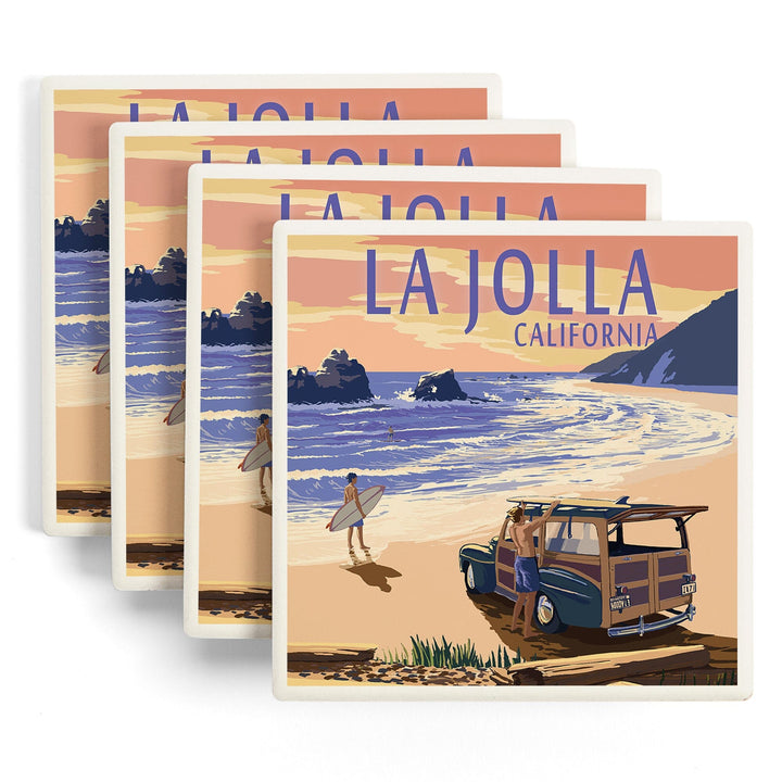 La Jolla, California, Woody on Beach, Lantern Press Artwork, Coaster Set - Lantern Press