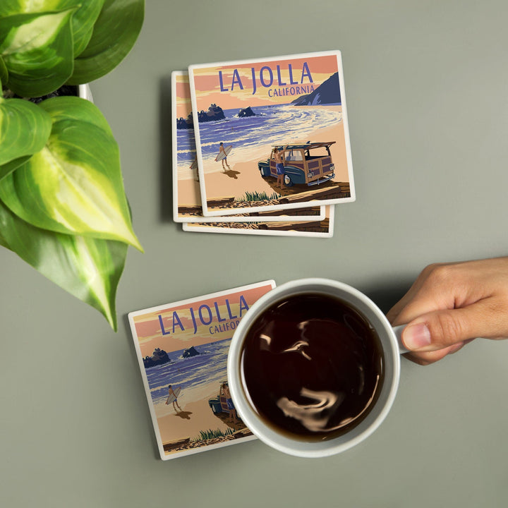 La Jolla, California, Woody on Beach, Lantern Press Artwork, Coaster Set - Lantern Press