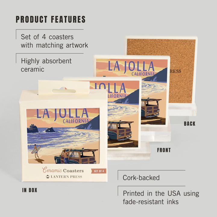 La Jolla, California, Woody on Beach, Lantern Press Artwork, Coaster Set - Lantern Press