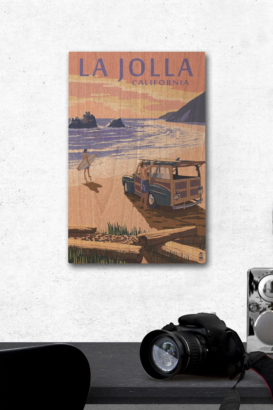 La Jolla, California, Woody on Beach, Lantern Press Artwork, Wood Signs and Postcards Wood Lantern Press 12 x 18 Wood Gallery Print 