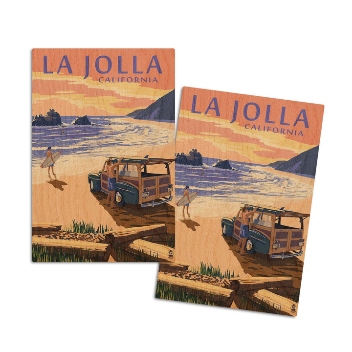 La Jolla, California, Woody on Beach, Lantern Press Artwork, Wood Signs and Postcards Wood Lantern Press 4x6 Wood Postcard Set 