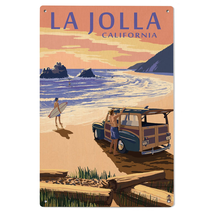 La Jolla, California, Woody on Beach, Lantern Press Artwork, Wood Signs and Postcards Wood Lantern Press 
