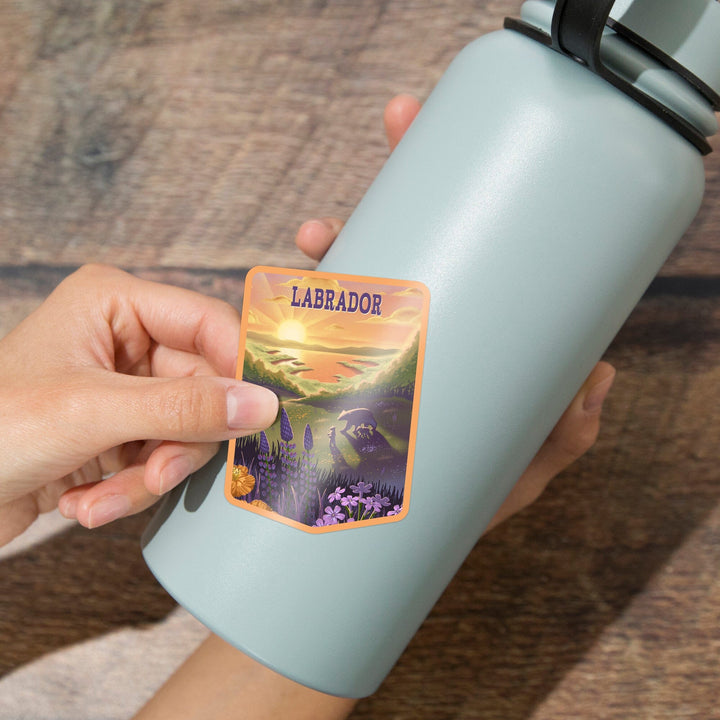 Labrador, Lithograph, Bear and Spring Flowers, Lake, Contour, Vinyl Sticker Sticker Lantern Press 